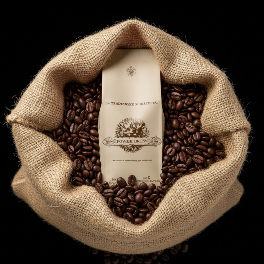 Sack of coffee beans with a visible label on a black background